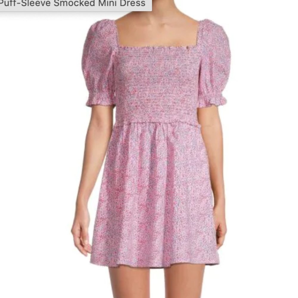 French Connection Rhodes Puff-Sleeve Smocked Mini Dress size 10 Large